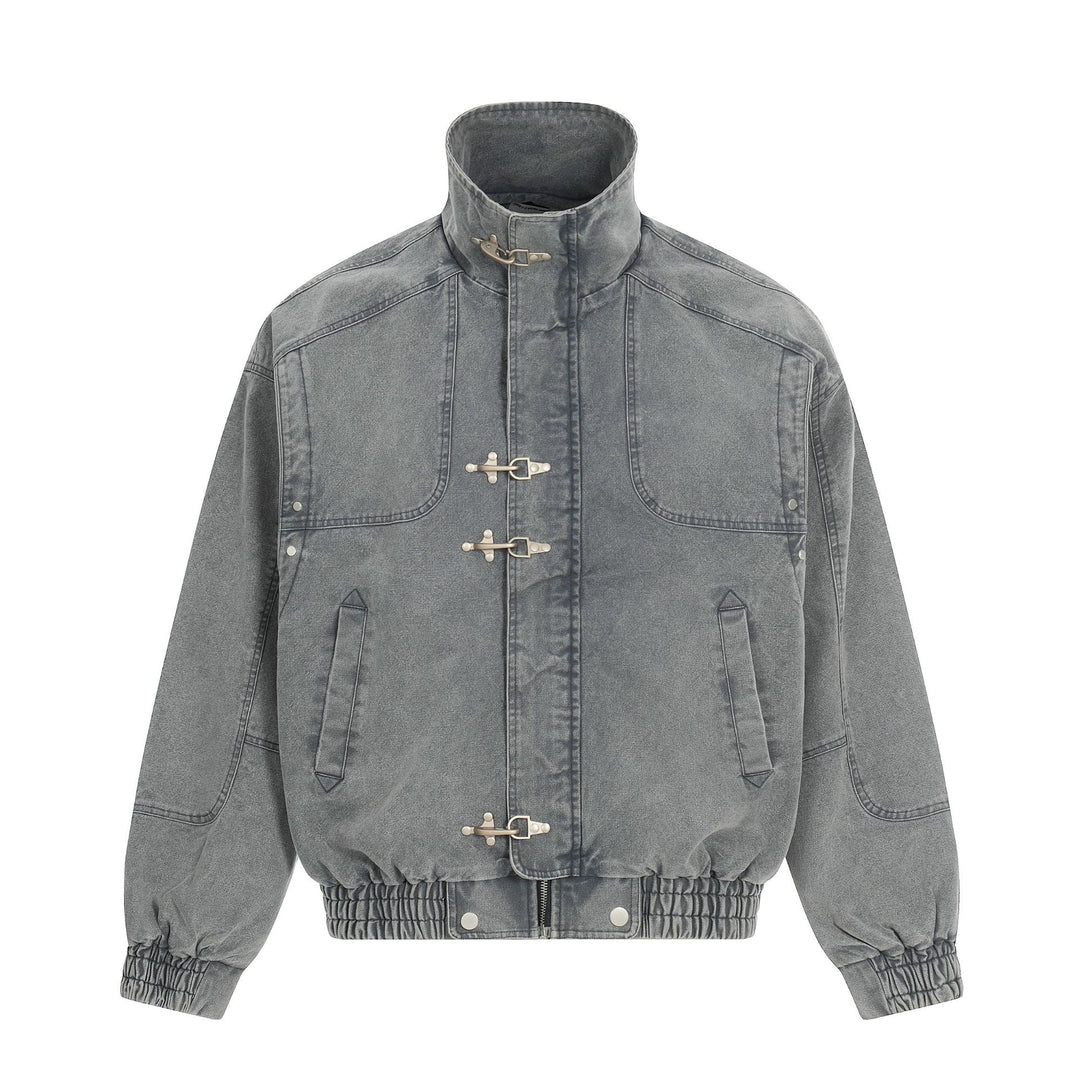 Men's Short-Cut Canvas-Denim Field Blouson with Toggle Closures and High Stand-Up Collar Mune Fashion