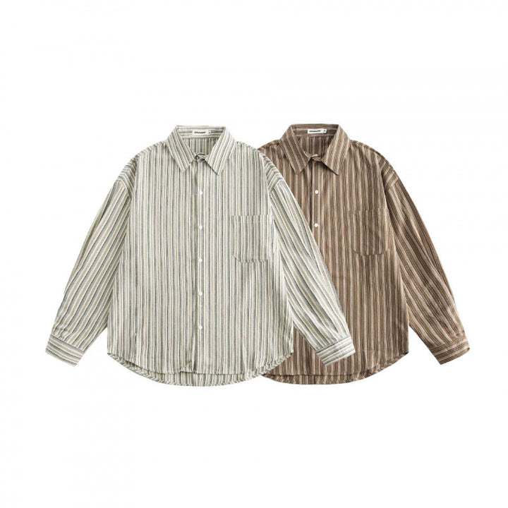 Unisex Oversized Shirt in Striped Relaxed Fit with Chest Pocket and Curved Hem Mune Fashion