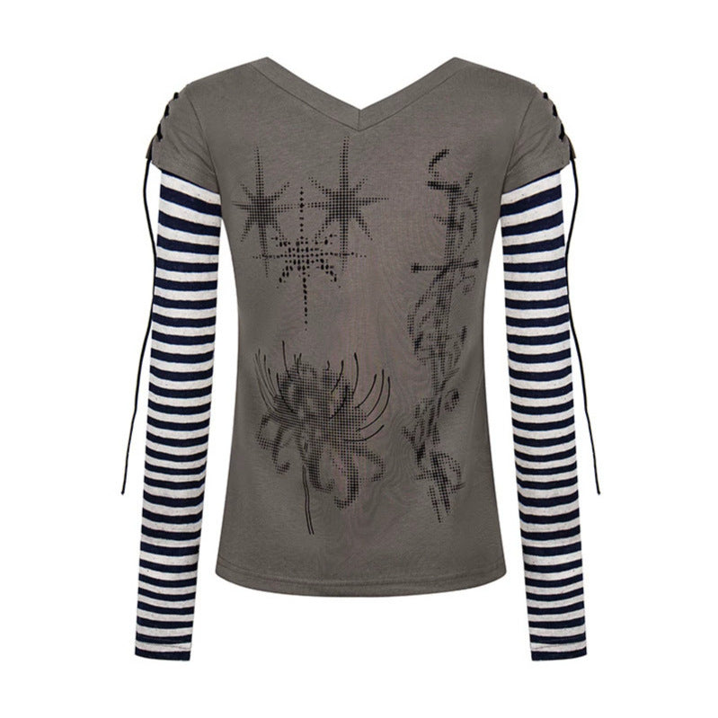 Women's Layered Long Sleeve Shirt with V-Neck, Striped Inner Layer and Lacing Detail Mune Fashion