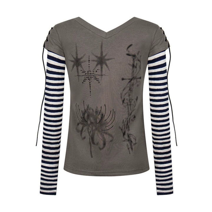 Women's Layered Long Sleeve Shirt with V-Neck, Striped Inner Layer and Lacing Detail Mune Fashion