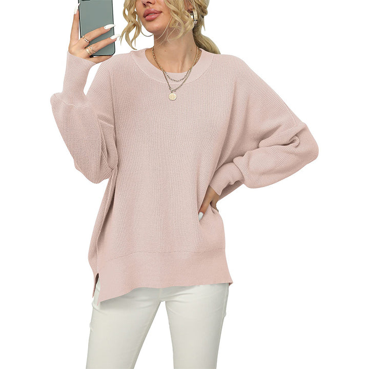 Women's Oversized Fine Knit Sweater with Round Neck, Dropped Shoulder and Side Slits Mune Fashion