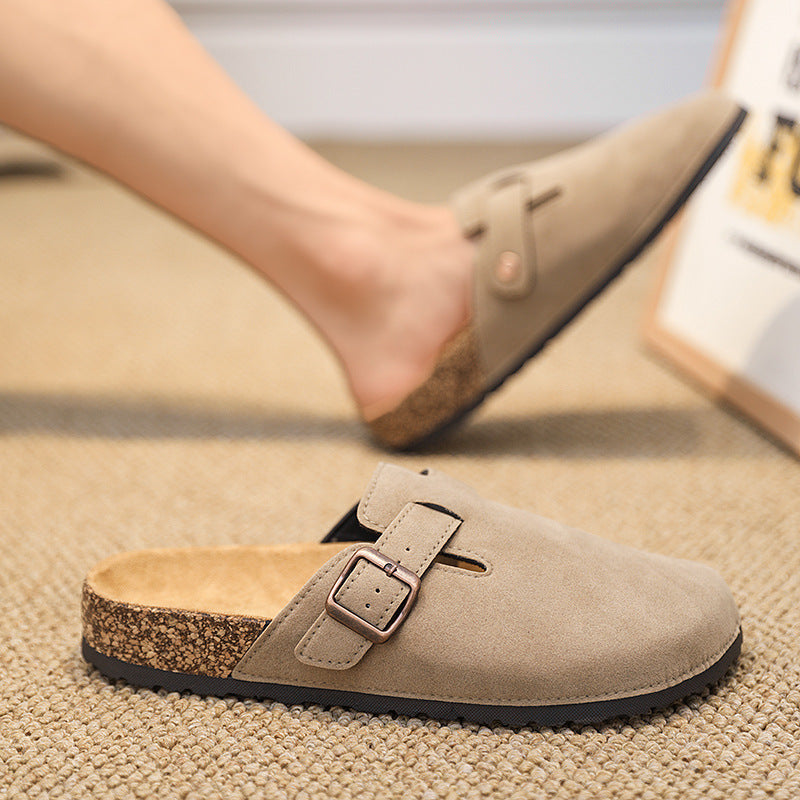Women's Comfortable Suede Slippers with Cork Molded Footbed and Adjustable Metal Buckle Mune Fashion