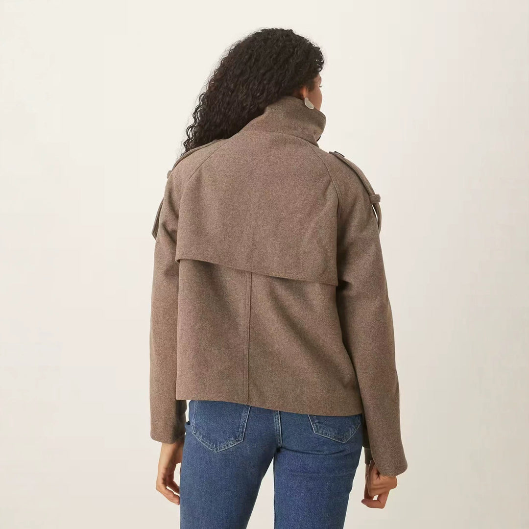 Women's Short Double-Breasted Wool Peacoat with Stand-Up Collar Mune Fashion