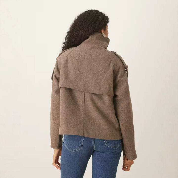 Women's Short Double-Breasted Wool Peacoat with Stand-Up Collar Mune Fashion