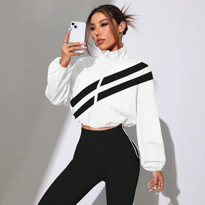 Women's Cropped Windbreaker Jacket with High Collar and Drawstring Mune Fashion