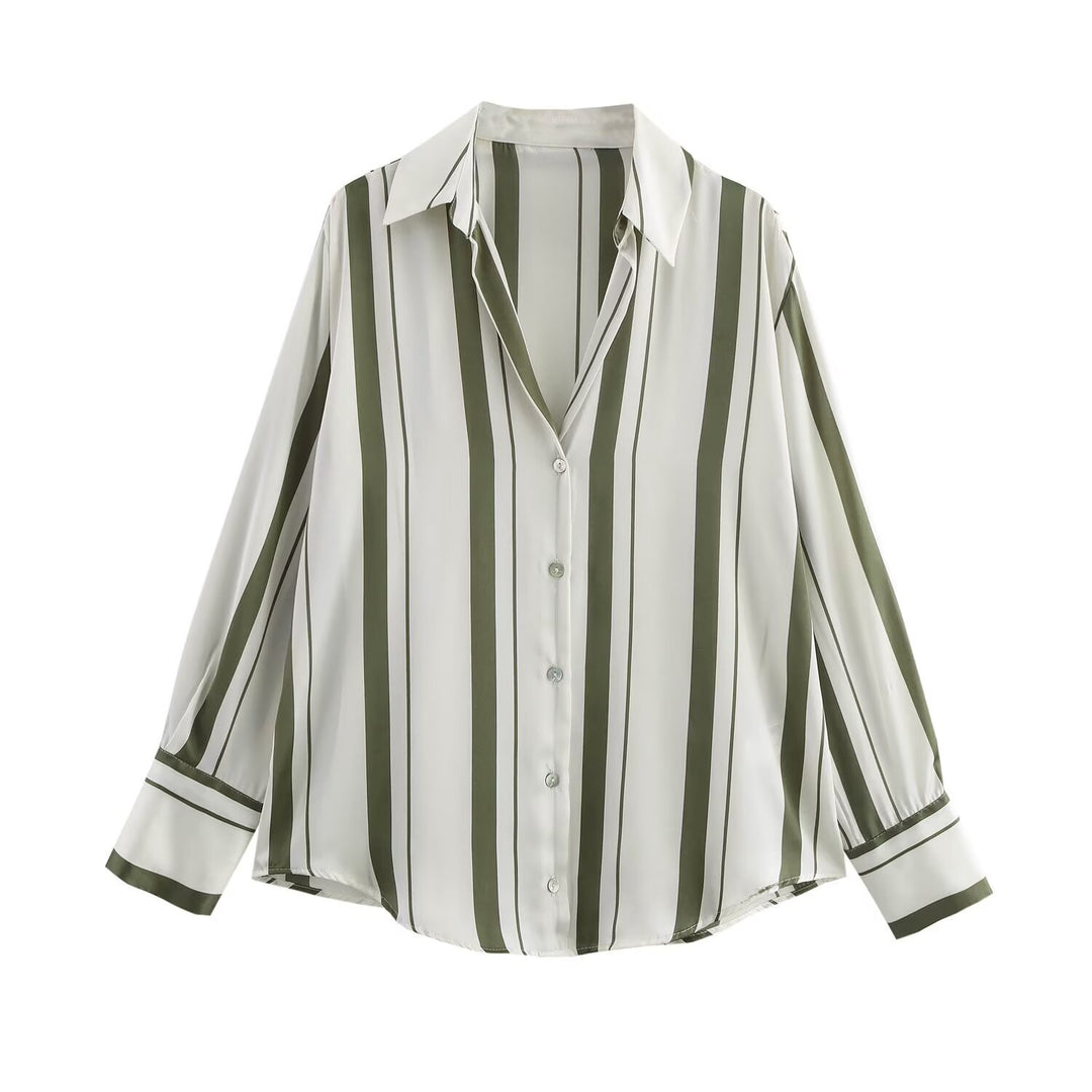 Ladies Oversized Satin Blouse with Shirt Collar and Wide Cuffs Mune Fashion
