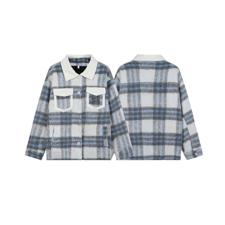 Women's Checked Wool Blend Shacket with Contrasting Faux Leather Collar Mune Fashion