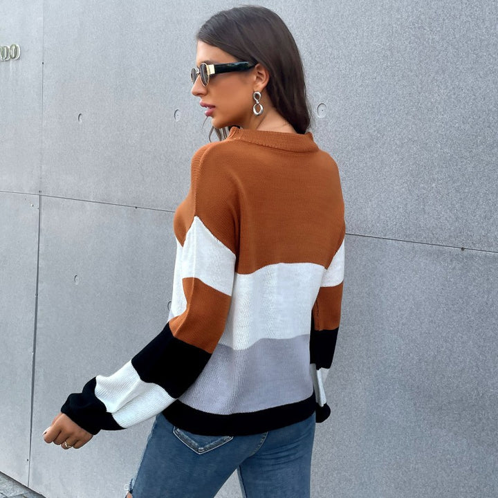 Women's Oversize Block Stripe Knit Sweater with Wide Trumpet Sleeves Mune Fashion
