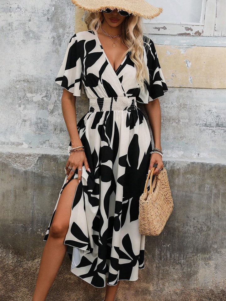 Women’s wrap midi dress with elastic smocked waistband, wide batwing sleeves, and high leg slit Mune Fashion