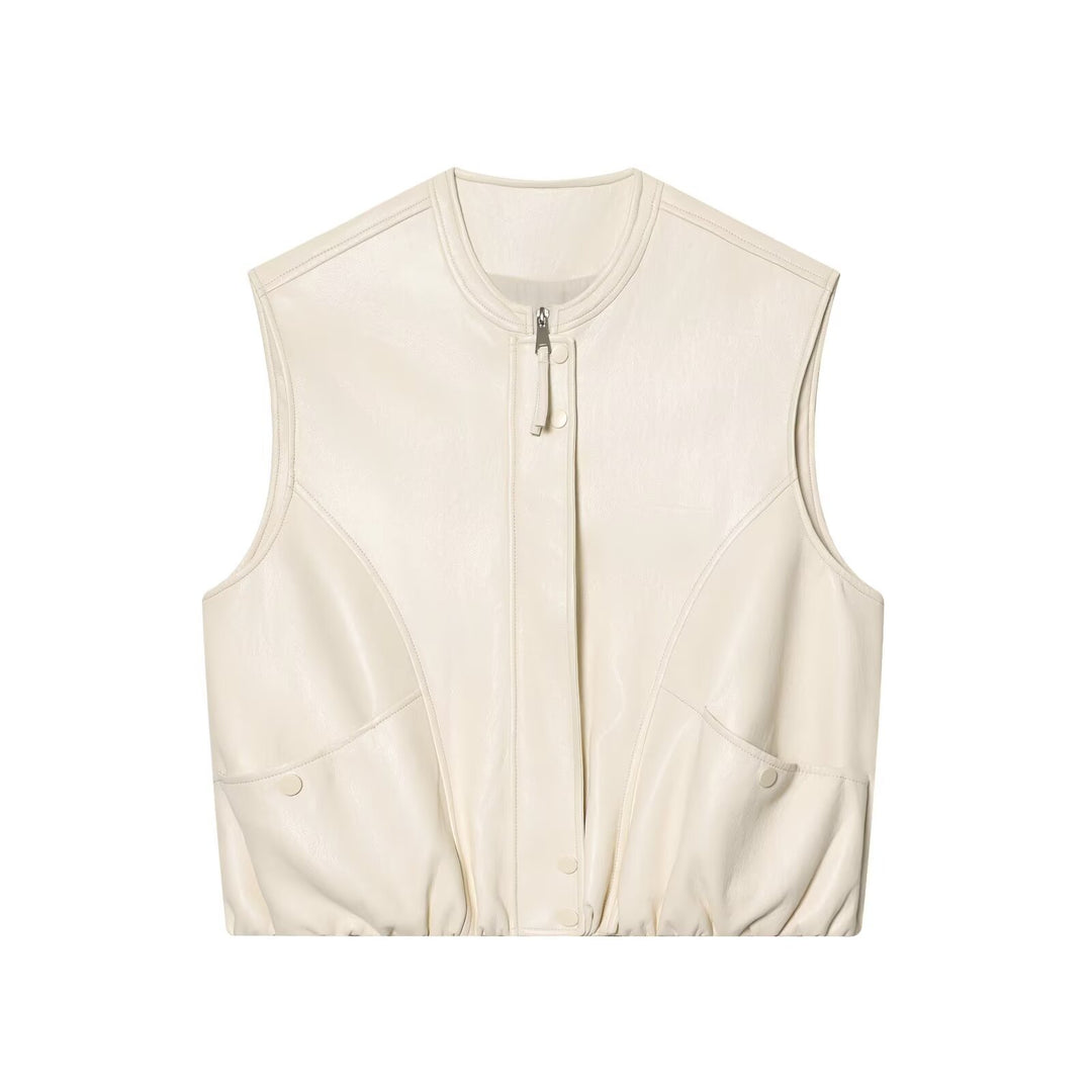 Women sleeveless jacket in leather look with stand-up collar and tailored fit Mune Fashion