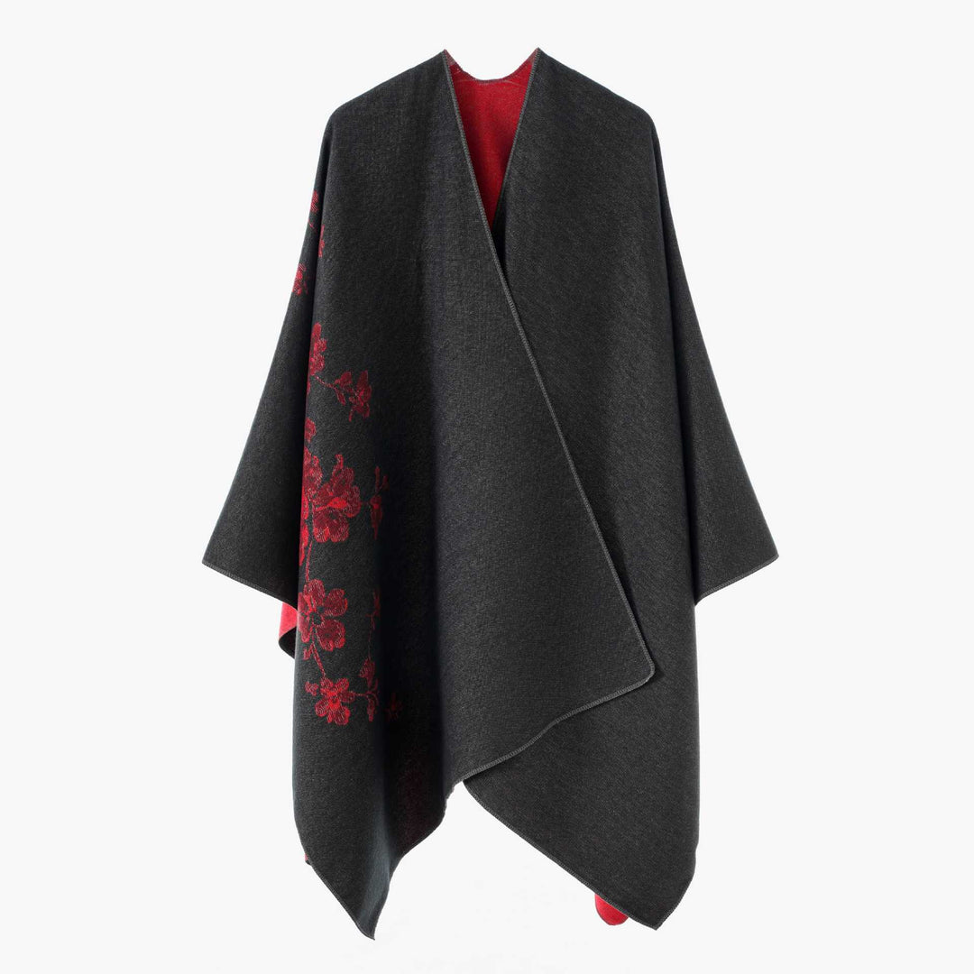 Ladies Open Reversible Wool Blend Cape with Floral Jacquard Pattern