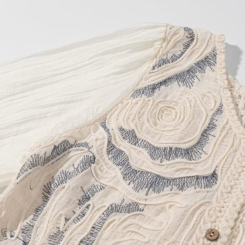 Ladies Embroidered Crochet Knit Cardigan with Transparent Pleated Sleeves Mune Fashion