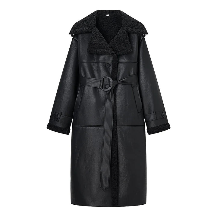 Women nan longer faux leather coat with teddy lining, wide shawl collar and tie belt Mune Fashion