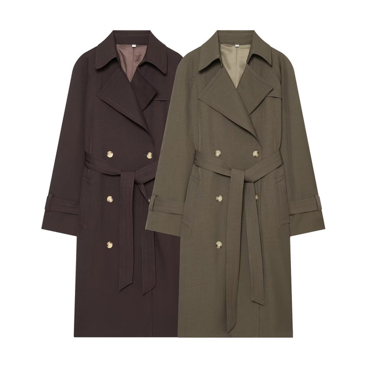 Women's long double-breasted trench coat with tie belt and raglan sleeves Mune Fashion