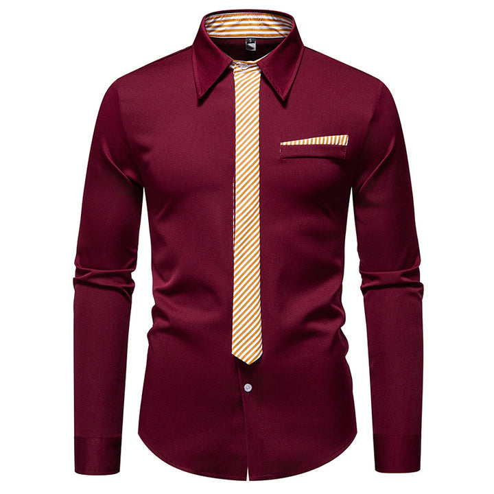 Men's Slim-Fit Business Shirt with Integrated Tie Look and Chest Pocket Mune Fashion