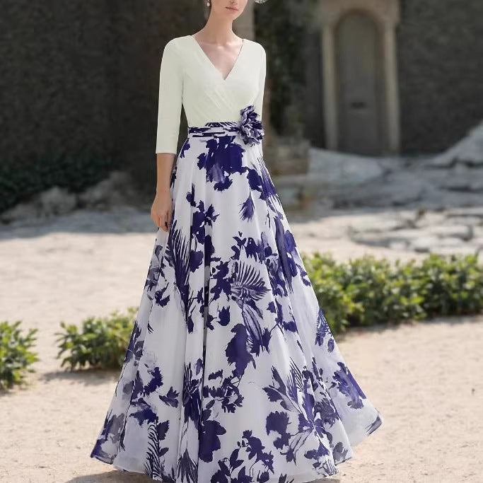 Women Floral Maxi Dress with Wrap Top, Three-Quarter Sleeves and Flared Skirt Mune Fashion