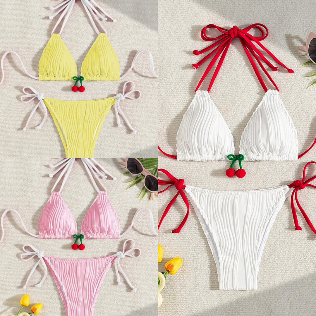 Women Ribbed Design Triangle Bikini with Playful Cherry Detail Mune Fashion