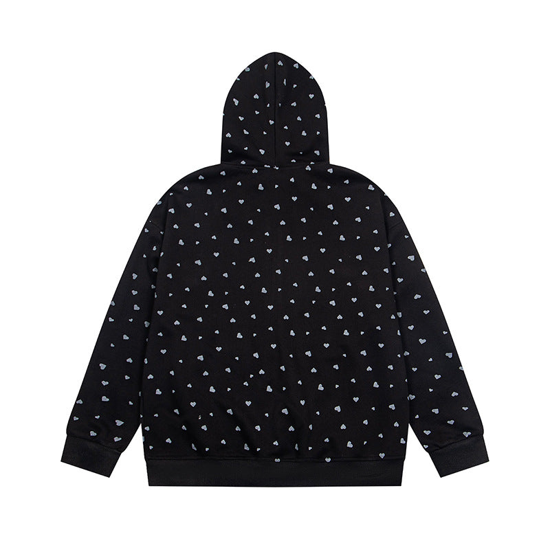 Women's hoodie sweat jacket with full-length zipper, all-over heart print and statement embroidery Mune Fashion