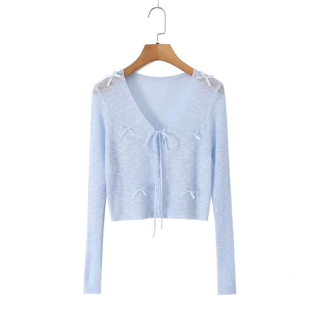 Women Cropped Fine Knit Cardigan with V-Neck, Tie Strap and Decorative Bows Mune Fashion