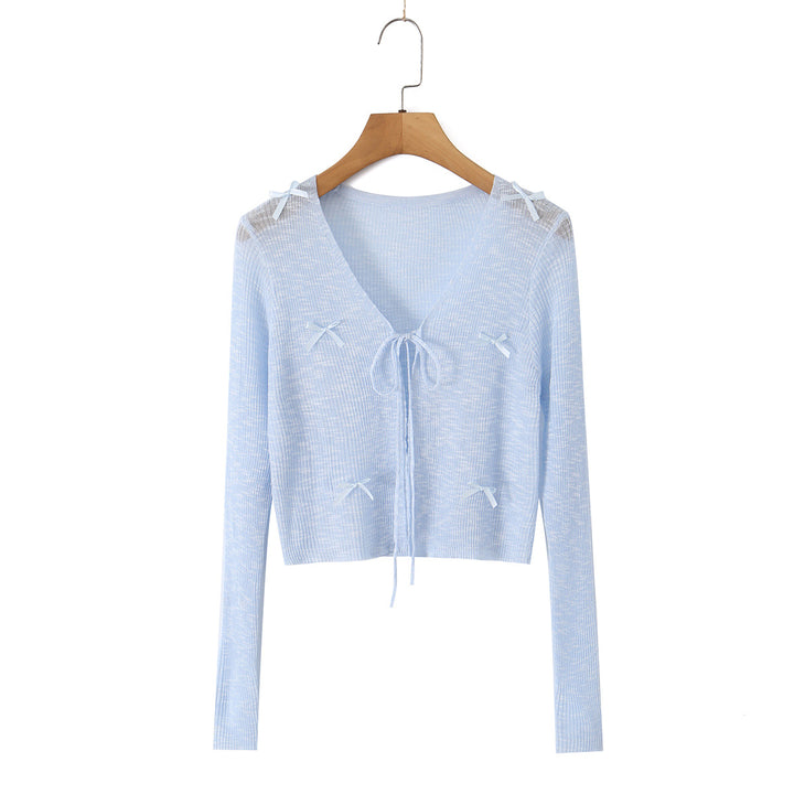 Women Cropped Fine Knit Cardigan with V-Neck, Tie Strap and Decorative Bows Mune Fashion