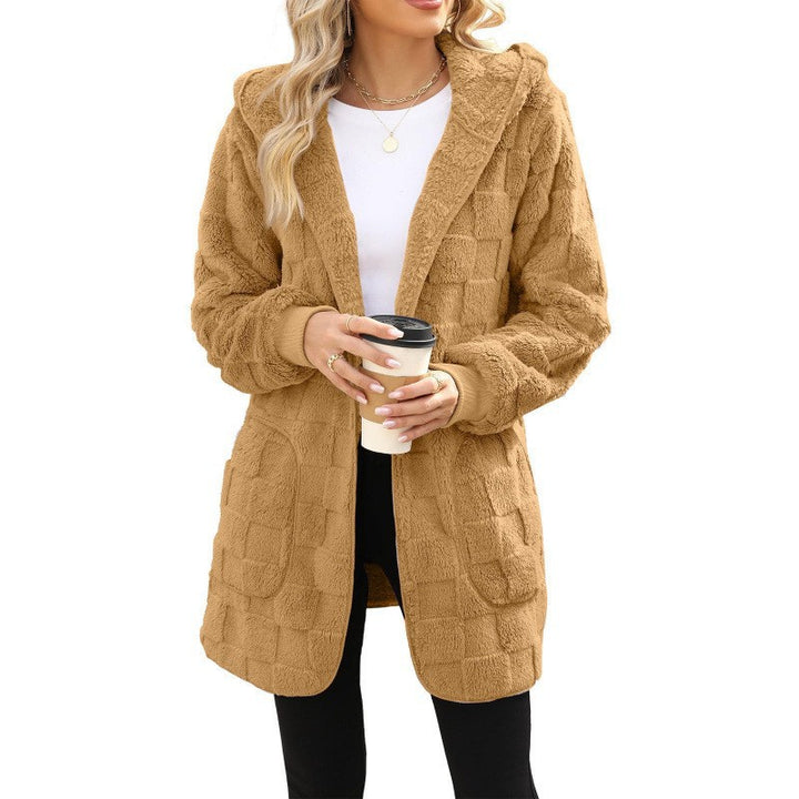 Women's cozy hooded long jacket made of teddy fleece with patch pockets and textured check pattern Mune Fashion