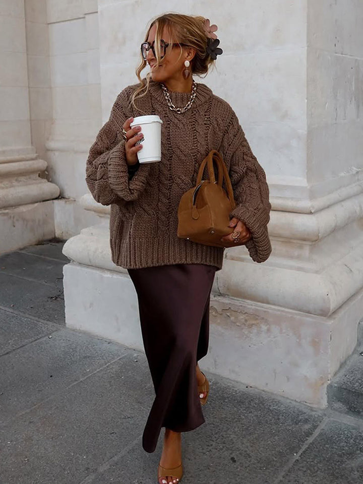 Women's Oversize Chunky Knit Sweater with Cable Knit, High Collar and Extended Sleeves Mune Fashion