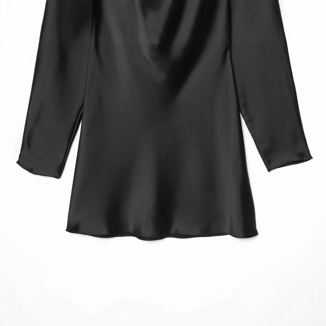 Women’s satin mini dress with deep waterfall back, cord binding and long sleeves Mune Fashion