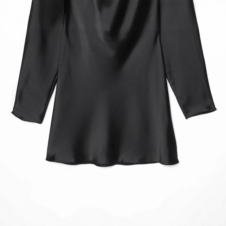 Women’s satin mini dress with deep waterfall back, cord binding and long sleeves Mune Fashion
