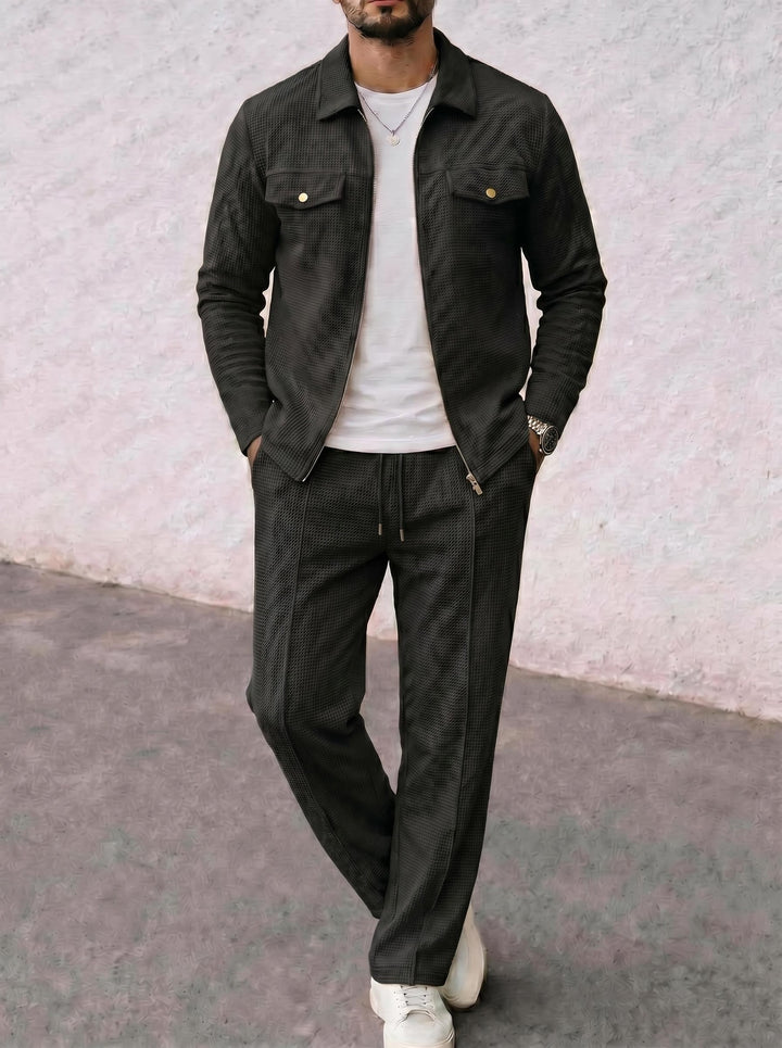 Men's structured zip jacket with waffle texture chest flap pockets and full-length zipper Mune Fashion