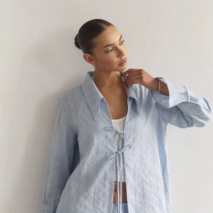 Women Loose Fitting Linen Look Blouse with Decorative Ties and Transparent Stripe Structure Mune Fashion