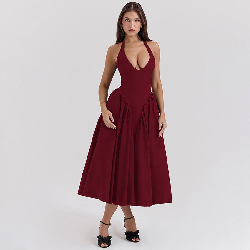 Women's figure-flattering halter bustier midi dress with tailored bodice and wide circle skirt Mune Fashion