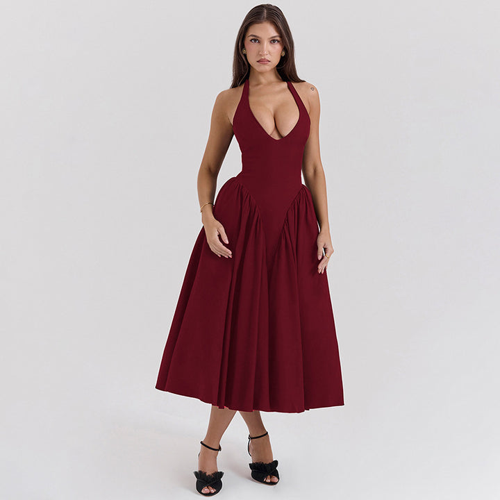 Women's figure-flattering halter bustier midi dress with tailored bodice and wide circle skirt Mune Fashion