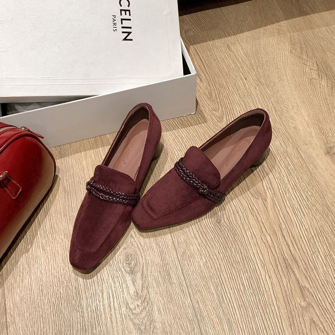 Women Suede Loafers with Braided Strap Detail and Low Block Heel Mune Fashion