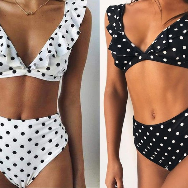 Ladies high-waisted bikini set with playful ruffles and polka dots Mune Fashion