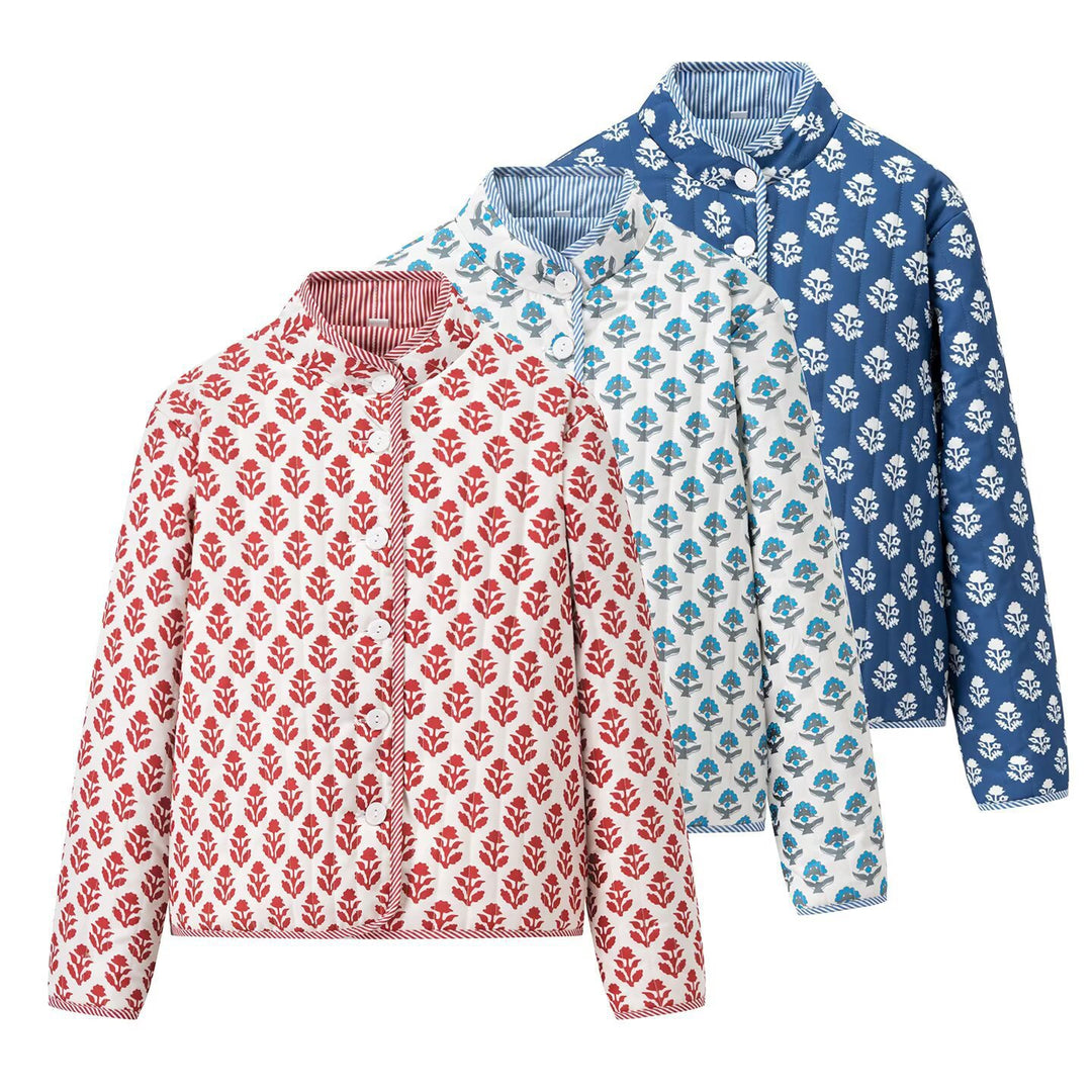 Women's Lightweight Printed Cotton Jacket with Stand Collar and Striped Cuffs Mune Fashion