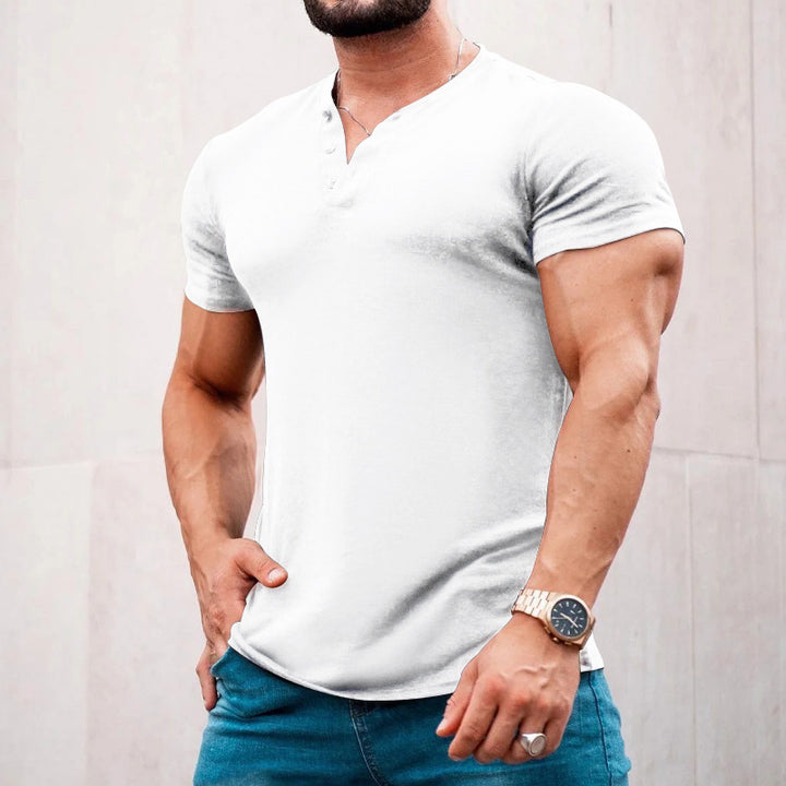 Men's muscle-fitting short-sleeve shirt with button placket and V-neck made of cotton stretch Mune Fashion