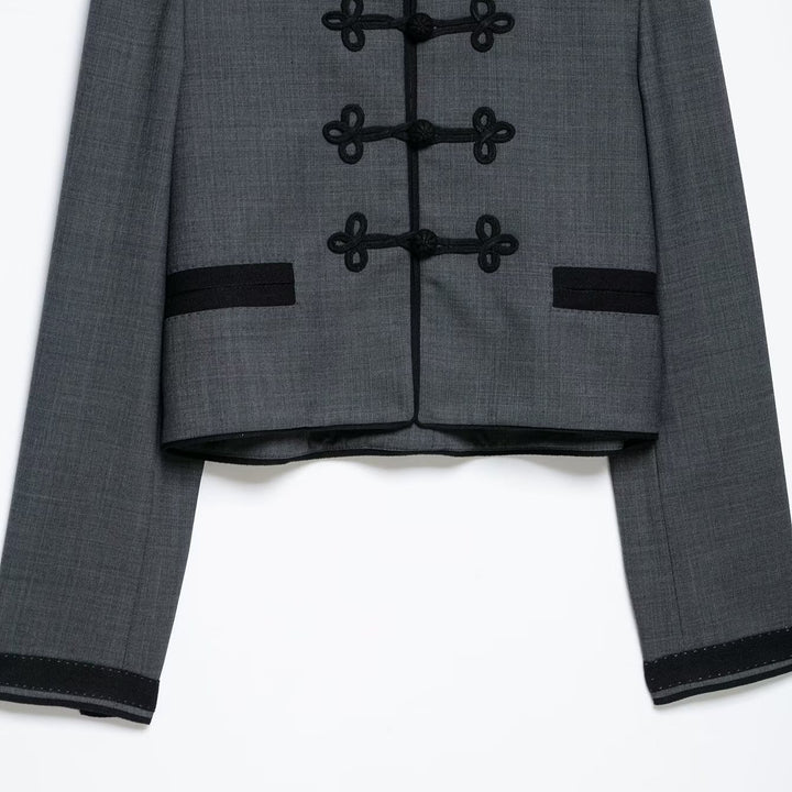 Women's Short Jacket in Mandarin Style with Decorative Knot Closure and Tailored Silhouette Mune Fashion