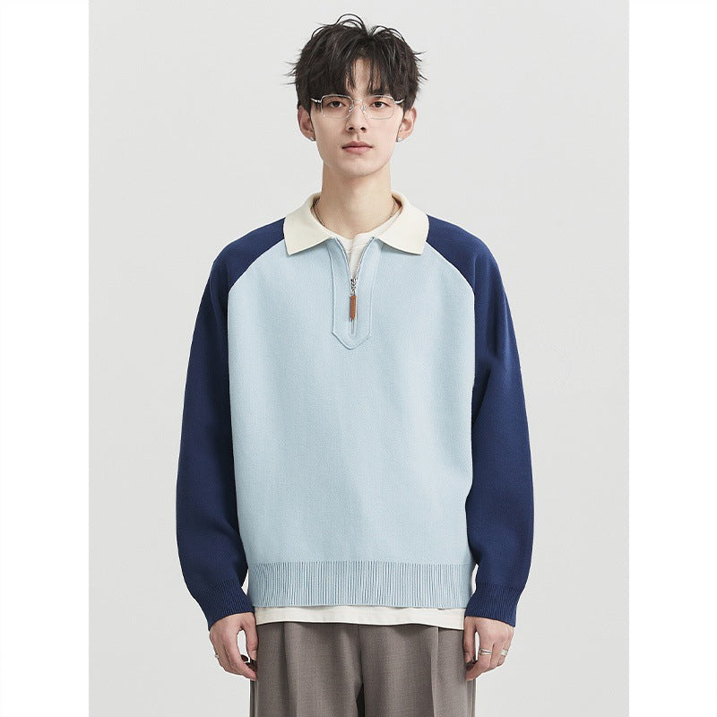 Men's Half-Zip Sweater with Polo Collar and Colorblock Sleeves Mune Fashion