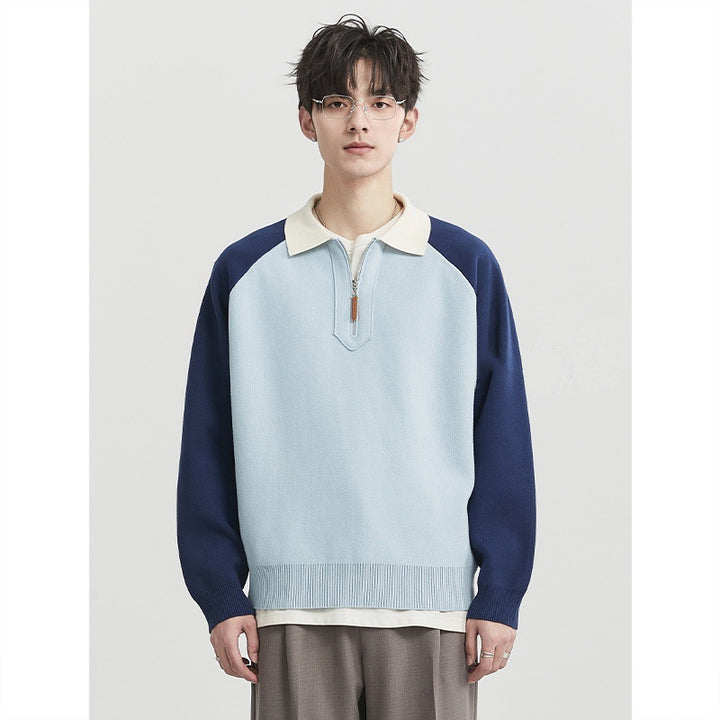 Men's Half-Zip Sweater with Polo Collar and Colorblock Sleeves Mune Fashion
