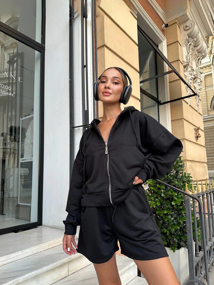 Women nan short hoodie sweatshirt with zipper and elastic high-waist relax shorts set Mune Fashion