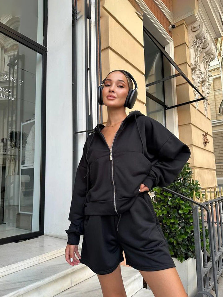 Women nan short hoodie sweatshirt with zipper and elastic high-waist relax shorts set Mune Fashion