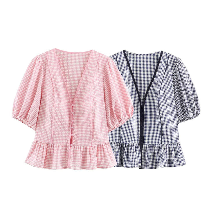 Women Checked V-Neck Blouse with Puff Sleeves and Ruffle Hem Mune Fashion