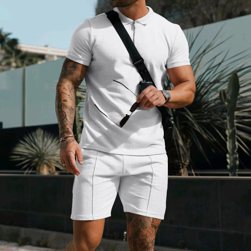 Men's casual polo shirt and chino shorts set with half zipper, textured jersey and subtle crease Mune Fashion
