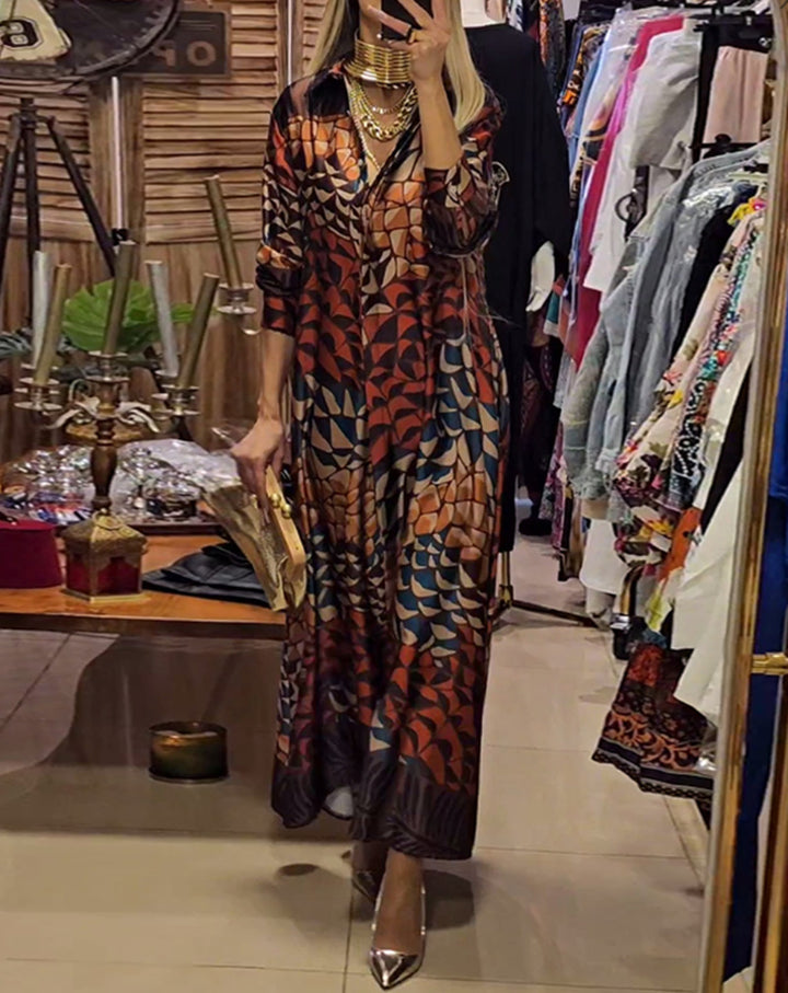 Women's flowing satin shirt dress with shirt collar, geometric mosaic print, and casual maxi length Mune Fashion