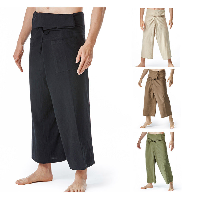 Men's loosely fitted linen harem pants with high foldover waistband and patch pockets Mune Fashion