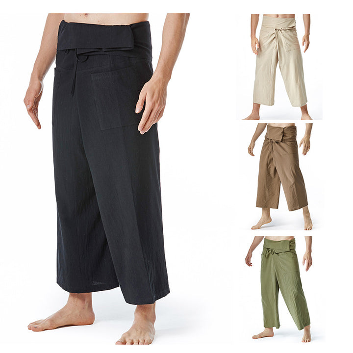 Men's loosely fitted linen harem pants with high foldover waistband and patch pockets Mune Fashion