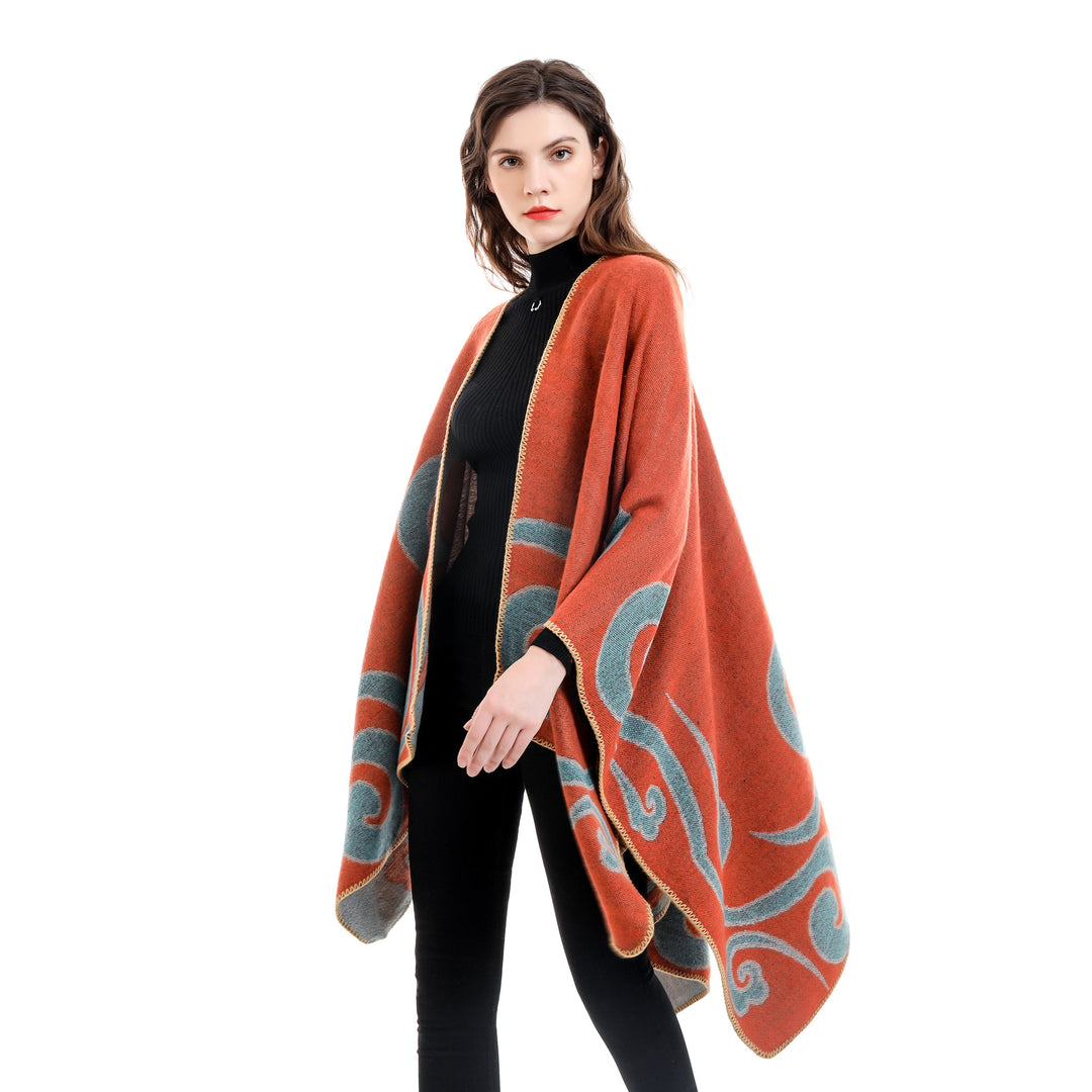 Women's Wool Blend Cape Poncho in Ruana Cut with Ornamental Intarsia Structure Mune Fashion
