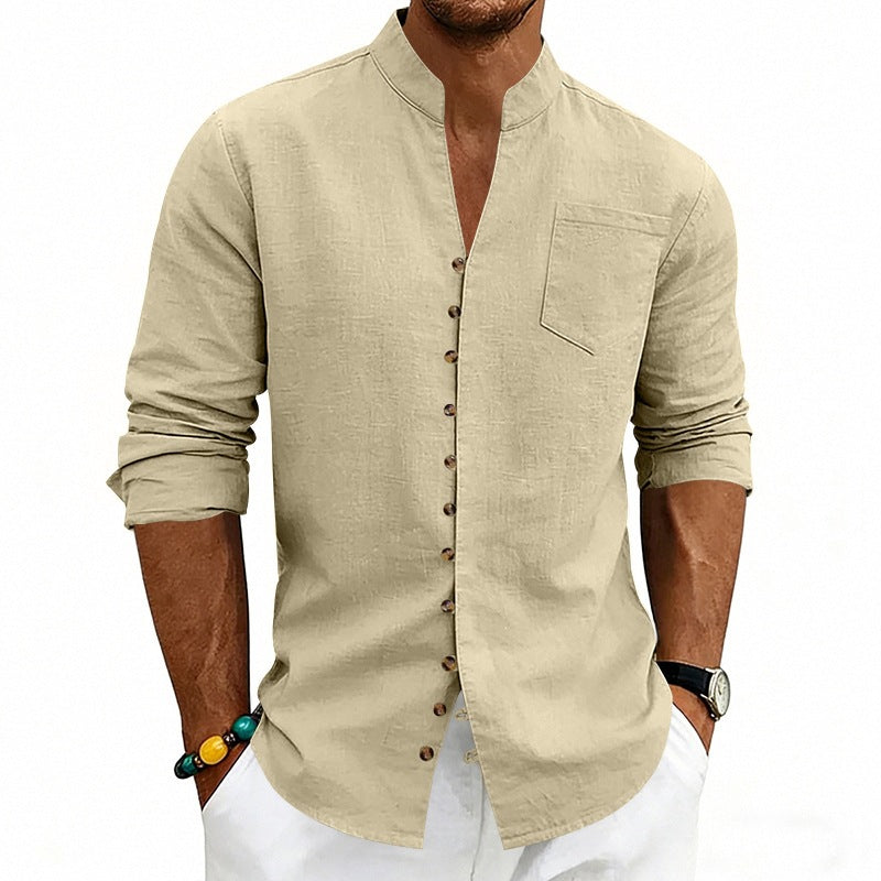 Men's shirt with stand-up collar and asymmetrical button placket made of linen mix Mune Fashion
