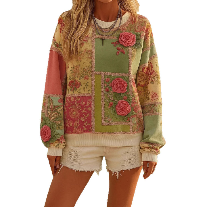 Women's patterned oversized sweatshirt with three-dimensional rose appliqués and ribbed cuffs Mune Fashion
