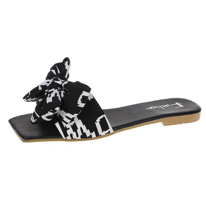 Women's Flat Strap Slides with Large Fabric Knot and Square Toe Party Mune Fashion